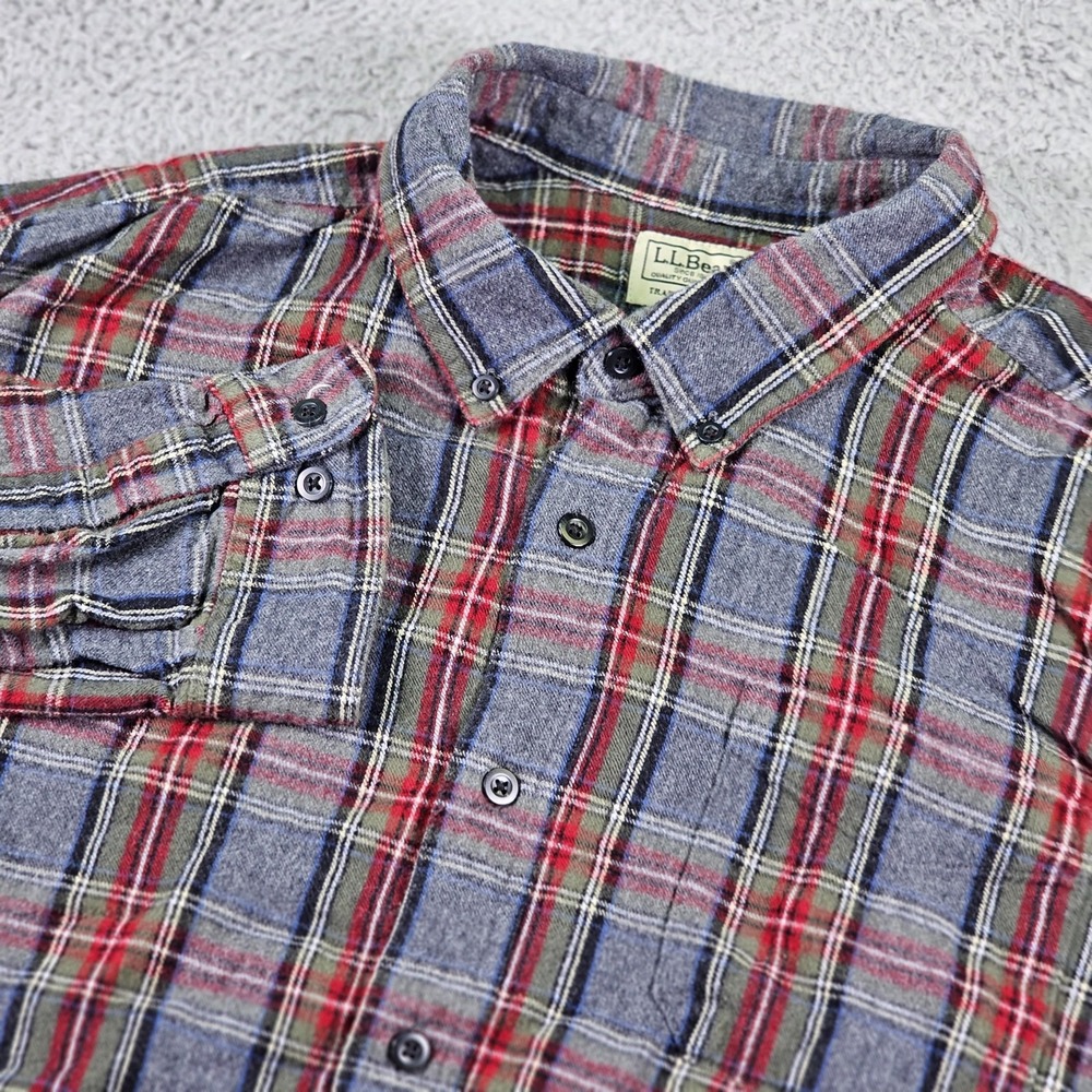 LL Bean Shirt Mens 2XL Gray Red Blue‎ Plaid Flannel Button Up Traditional Fit